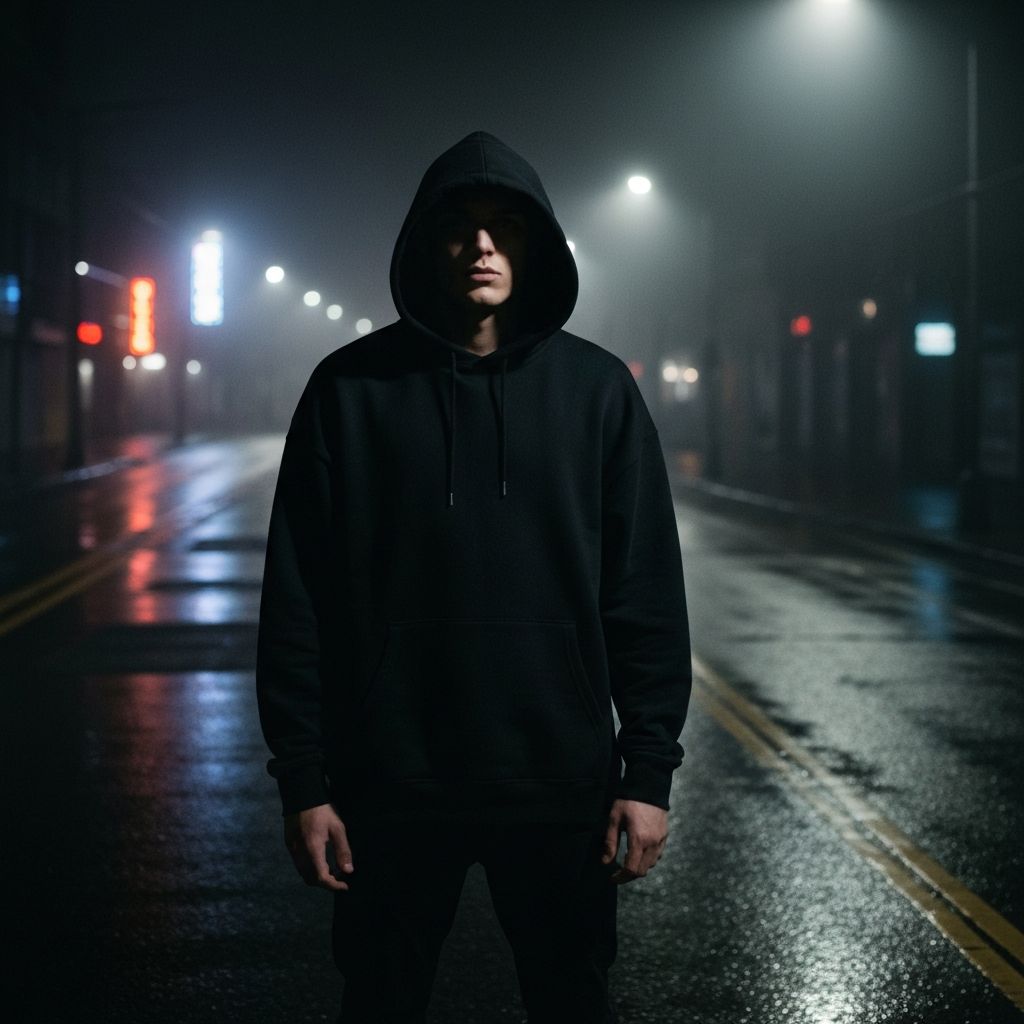 District 23 hooded figure in a dark Warsaw street at night