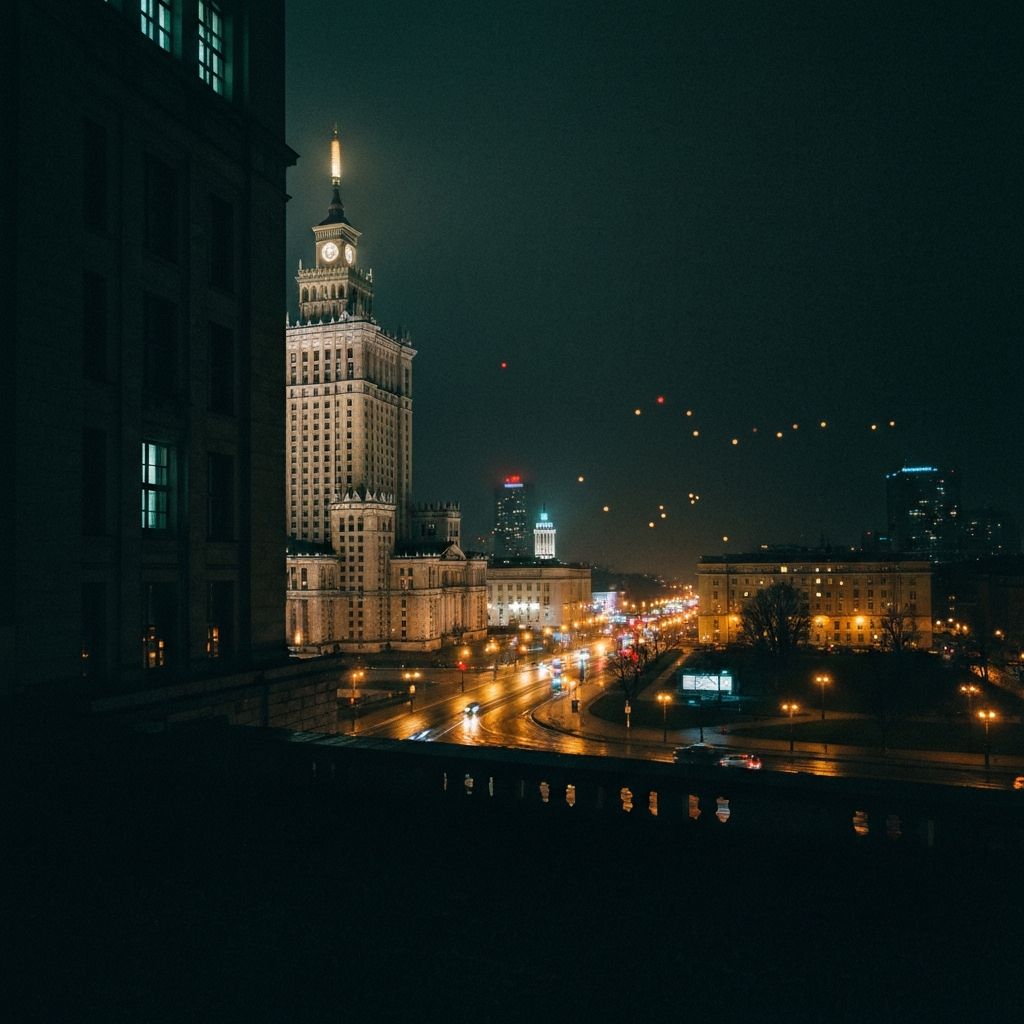 Moody night cityscape of Warsaw, home of District 23